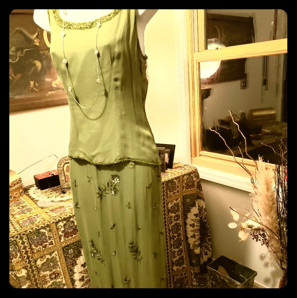Olive green silk ensemble with gorgeous bead work